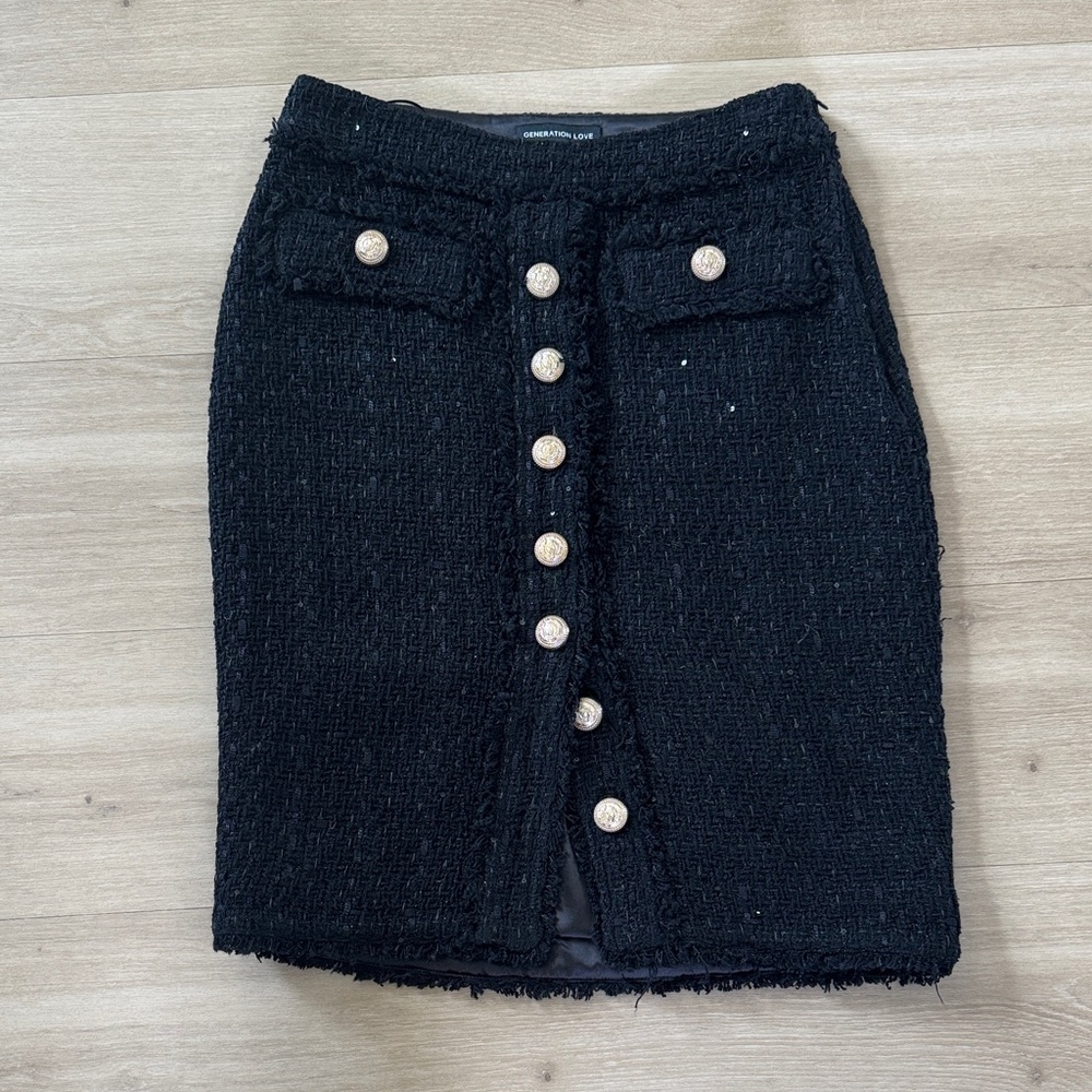 Generation Love Black Tweed Pencil Skirt with Gold Buttons